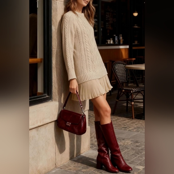 Chic Long Sleeve Cable Knit Mini Sweater Dress With A Sheer Flowy Pleated Bottom - Picture 4 of 16